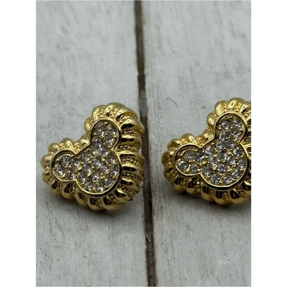 Disney Mickey Mouse Head Gold Tone Earrings w Rhinestones, Pierced